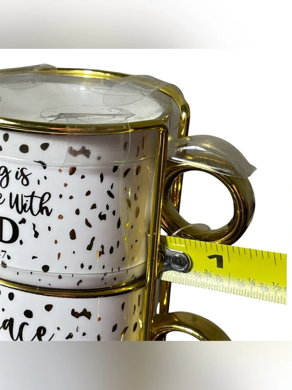 Stackable Ceramic Coffee Mugs 12oz Gold Trim & Speckles Bible Versus, Set of 4